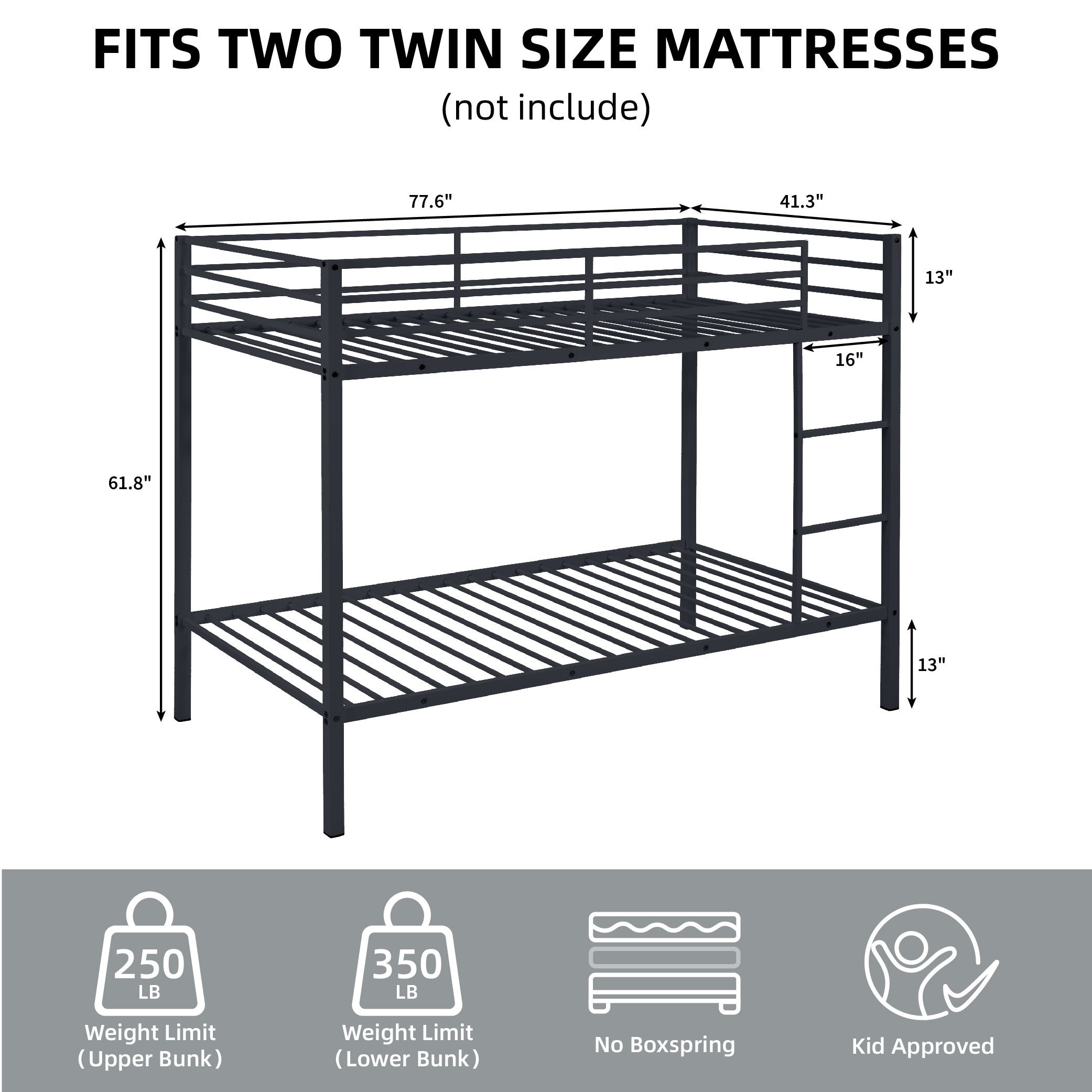 Metal Bunk Bed Twin Over Twin, Low Profile Bunk Bed Frame withBuilt-in Ladder, High Guardrail and Metal Slats, Space-Saving Twin Size Bed Frame for Kids Teens, No Box Spring Required, Black Metal Bunk Bed Twin Over Twin, Low Profile Bunk Bed Frame withBuilt-in Ladder, High Guardrail and Metal Slats, Space-Saving Twin Size Bed Frame for Kids Teens, No Box Spring Required, Black
